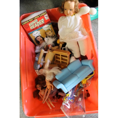 142 - A BOX OF ASSORTED VINTAGE MCDONALDS TOYS, DOLLS FURNITURE INCLUDING A BARBIE SOFA, ETC