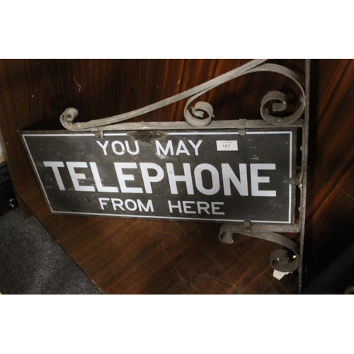 187 - A VINTAGE WALL MOUNTED DOUBLE SIDED TELEPHONE SIGN