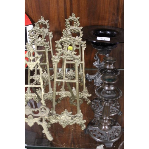 201 - SIX BRASS PICTURE EASELS TOGETHER WITH A PAIR OF CANDLESTICKS AND AN DECORATIVE FOOTED BOWL