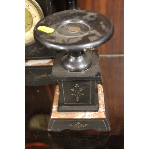 213 - A VINTAGE BLACK SLATE AND MARBLE CLOCK GARNITURE