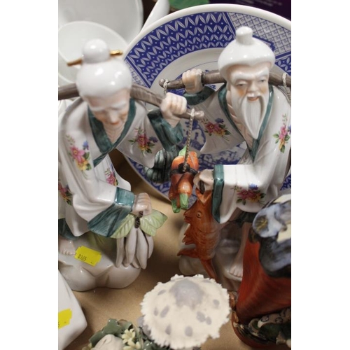 75 - A TRAY OF ASSORTED ORIENTAL FIGURES  AND OTHER CERAMICS ETC TO INCLUDE STUDIO POTTERY MOUSE THEMED F... 