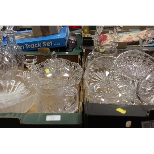 76 - TWO TRAYS OF ASSORTED GLASSWARE TO INCLUDE CUT GLASS DECANTERS, DARTINGTON BOWLS ETC