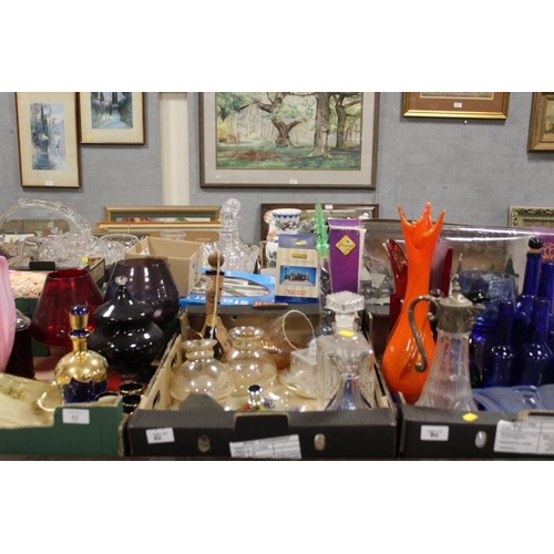 82 - THREE BOXES OF ASSORTED GLASSWARE TO INCLUDE STUDIO GLASS, BOHEMIAN GLASS DECANTER & GLASSES, CLARET... 