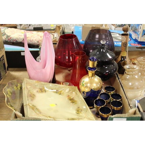 82 - THREE BOXES OF ASSORTED GLASSWARE TO INCLUDE STUDIO GLASS, BOHEMIAN GLASS DECANTER & GLASSES, CLARET... 