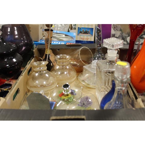 82 - THREE BOXES OF ASSORTED GLASSWARE TO INCLUDE STUDIO GLASS, BOHEMIAN GLASS DECANTER & GLASSES, CLARET... 