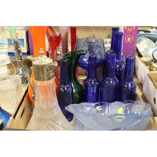 82 - THREE BOXES OF ASSORTED GLASSWARE TO INCLUDE STUDIO GLASS, BOHEMIAN GLASS DECANTER & GLASSES, CLARET... 