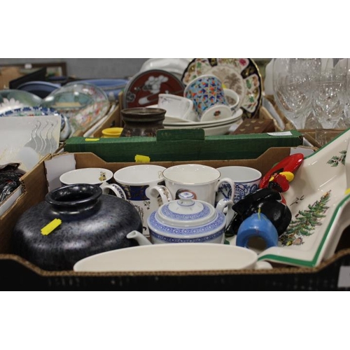 83 - FOUR TRAYS OF ASSORTED CERAMICS AND COLLECTABLES TO INCLUDE ORIENTAL ITEMS, CARVED WOODEN LIDDED BOX... 