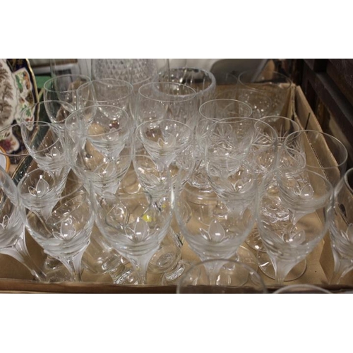 83A - TWO TRAYS OF ASSORTED GLASSWARE MAINLY DRINKING GLASSES, TO INCLUDE  CUT GLASS  EXAMPLES, TWO VASES ... 