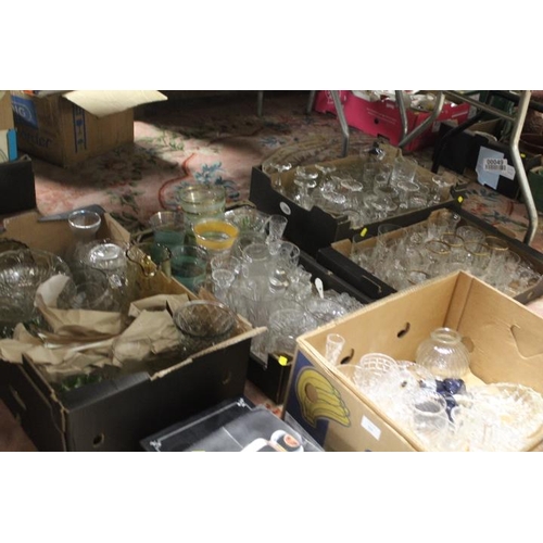 84 - FIVE BOXES OF ASSORTED GLASSWARE TO INCLUDE CUT GLASS ITEMS, VINTAGE DRINKING GLASSES, ETC