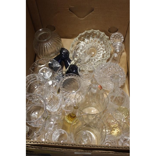 84 - FIVE BOXES OF ASSORTED GLASSWARE TO INCLUDE CUT GLASS ITEMS, VINTAGE DRINKING GLASSES, ETC