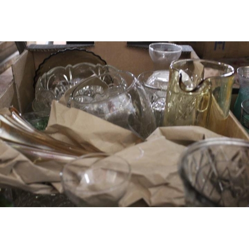 84 - FIVE BOXES OF ASSORTED GLASSWARE TO INCLUDE CUT GLASS ITEMS, VINTAGE DRINKING GLASSES, ETC