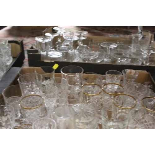 84 - FIVE BOXES OF ASSORTED GLASSWARE TO INCLUDE CUT GLASS ITEMS, VINTAGE DRINKING GLASSES, ETC