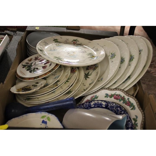 85 - FOUR BOXES OF ASSORTED CHINA AND CERAMICS TO INCLUDE PORTMEIRION, VINTAGE RETRO STYLE SOUTH PACIFIC ... 