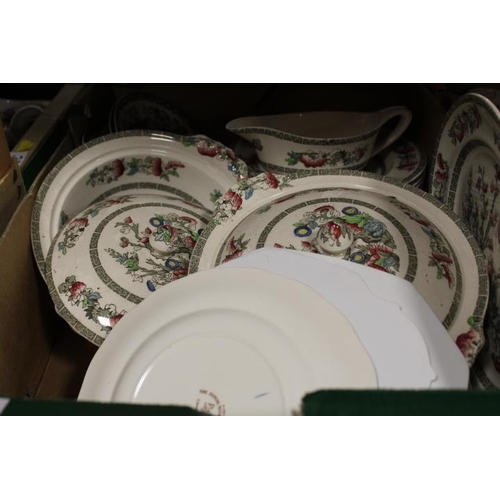 87 - TWO TRAYS OF ASSORTED DINNERWARE - INDIAN TREE PATTERN BY JOHNSON BROTHERS AND SIMSPONS POTTERY ETC