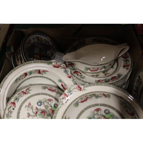 87 - TWO TRAYS OF ASSORTED DINNERWARE - INDIAN TREE PATTERN BY JOHNSON BROTHERS AND SIMSPONS POTTERY ETC