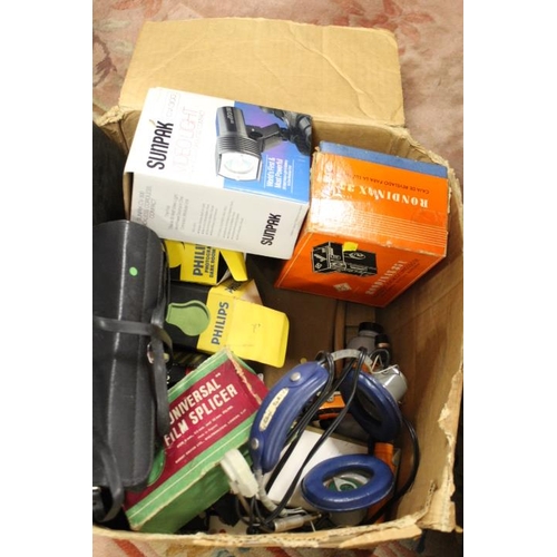 88 - TWO BOXES OF ASSORTED CAMERA EQUIPMENT TO INCLUDE PHOTOGRAPHIC SLIDE CAROUSELS PLUS A VINTAGE SET OF... 