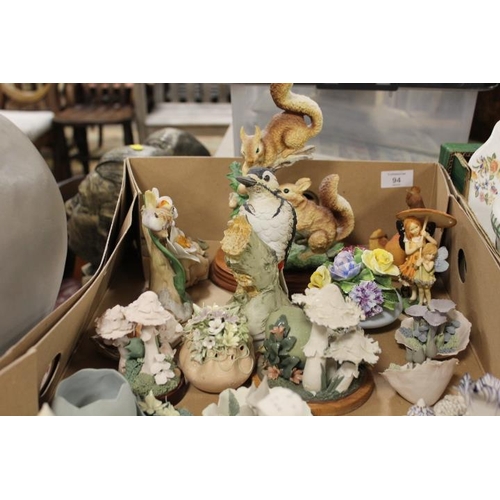 94 - A TRAY OF ASSORTED CERAMICS TO INCLUDE CAROLYN COOKE STUDIO POTTERY MICE FIGURES, TOGETHER WITH A TR... 