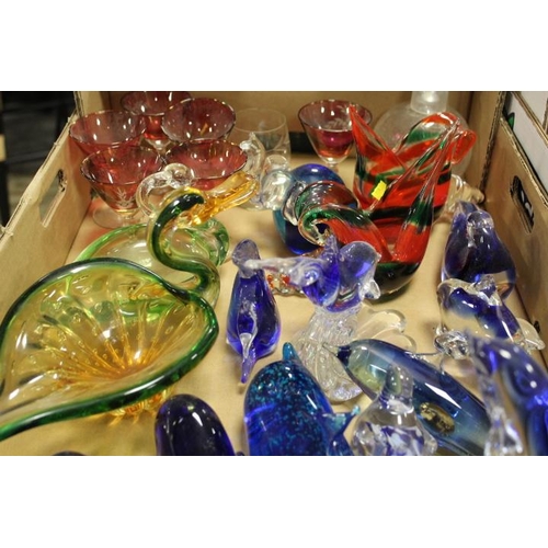 97 - THREE TRAYS OF ASSORTED GLASSWARE TO INCLUDE STUDIO GLASS BIRDS AND DOLPHINS, A FREEFORM TABLE CENTR... 