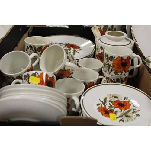 98 - TWO TRAYS OF J & G MEAKIN RETRO 'POPPY PATTERN' STUDIO TEA AND DINNERWARE