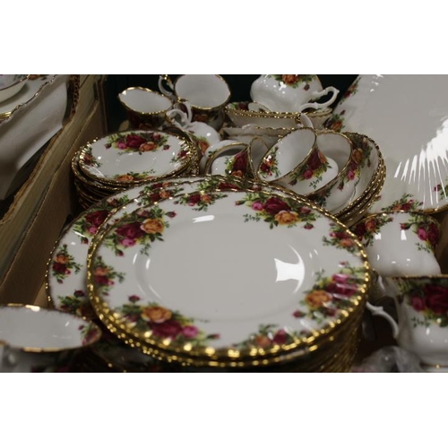 99 - FOUR TRAYS OF ROYAL ALBERT OLD COUNTRY ROSES TEA AND DINNERWARE ETC, TO INCLUDE TEA AND COFFEE POTS,... 