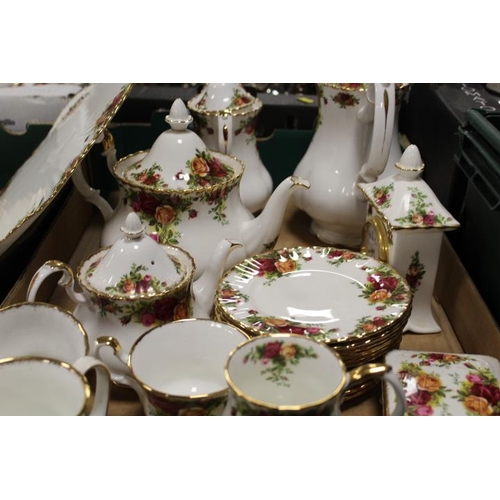 99 - FOUR TRAYS OF ROYAL ALBERT OLD COUNTRY ROSES TEA AND DINNERWARE ETC, TO INCLUDE TEA AND COFFEE POTS,... 