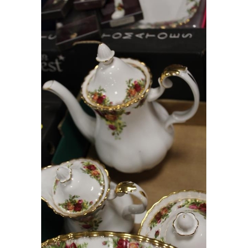 99 - FOUR TRAYS OF ROYAL ALBERT OLD COUNTRY ROSES TEA AND DINNERWARE ETC, TO INCLUDE TEA AND COFFEE POTS,... 