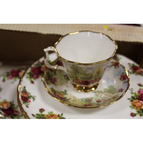 99 - FOUR TRAYS OF ROYAL ALBERT OLD COUNTRY ROSES TEA AND DINNERWARE ETC, TO INCLUDE TEA AND COFFEE POTS,... 