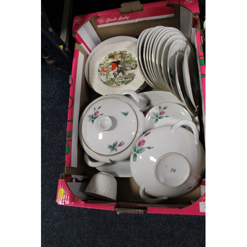 156 - THREE TRAYS OF ASSORTED CHINA AND CERAMICS ETC TO INCLUDE KPM GERMAN DINNERWARE, COALPORT, VARIOUS T... 