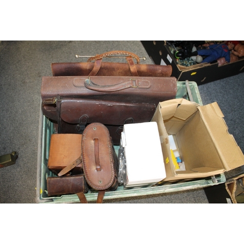 160 - A VINTAGE SATCHEL PLUS TWO BRIEFCASES AND A SELECTION OF EMPTY LEATHER EQUIPMENT CASES