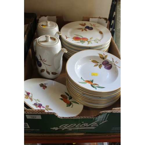 163 - THREE TRAYS OF ROYAL WORCESTER EVESHAM TEA AND DINNERWARE ETC