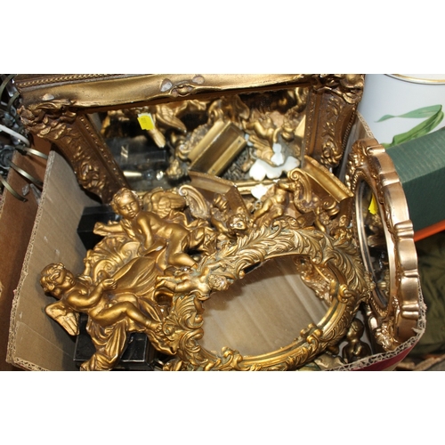 164 - TWO BOXES OF ASSORTED GILT AND PLATER DECORATIVE ITEMS TO INCLUDE WALL HANGING CHERUBS, MIRRORS AND ... 