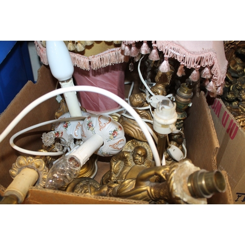 164 - TWO BOXES OF ASSORTED GILT AND PLATER DECORATIVE ITEMS TO INCLUDE WALL HANGING CHERUBS, MIRRORS AND ... 