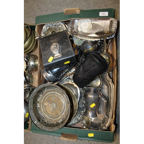 170 - TWO TRAYS OF ASSORTED METALWARE TO INCLUDE A VINTAGE LEVEL, ETC