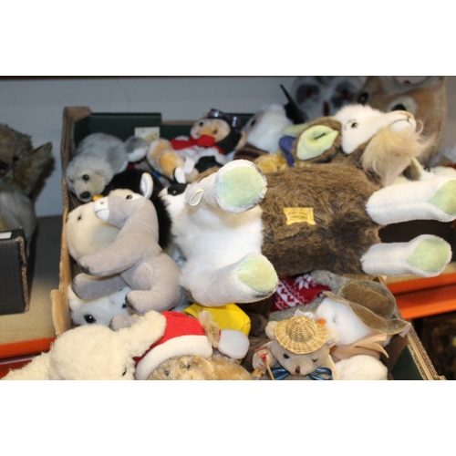 172 - THREE TRAYS OF ASSORTED VINTAGE AND MODERN SOFT TOYS TO INCLUDE A MERRYTHOUGHT GOAT, DOG, TWO OWLS E... 