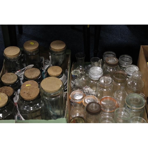 101 - TWO TRAYS OF ASSORTED STORAGE / GLASS JARS ETC