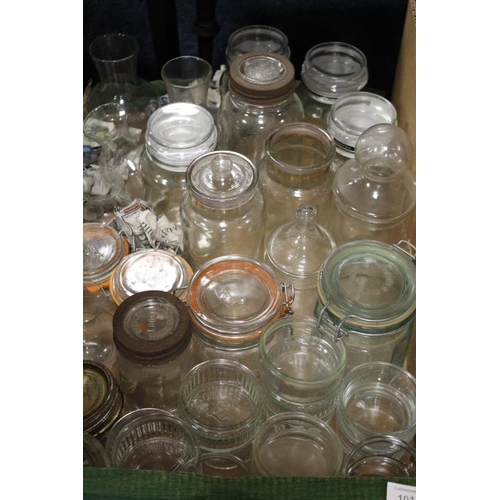 101 - TWO TRAYS OF ASSORTED STORAGE / GLASS JARS ETC