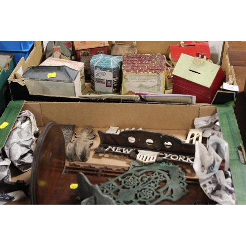 105 - A TRAY OF VINTAGE WOODEN MONEY BOXES, TINS ETC TOGETHER WITH A TRAY OF FRETWORK STYLE HALL SHELVES (... 