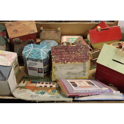 105 - A TRAY OF VINTAGE WOODEN MONEY BOXES, TINS ETC TOGETHER WITH A TRAY OF FRETWORK STYLE HALL SHELVES (... 