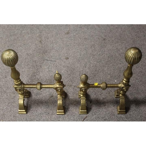 106 - A TRAY OF ASSORTED BRASSWARE TO INCLUDE A PAIR OF FIRE DOGS, CAST PAN ETC, TOGETHER WITH A TRAY OF S... 