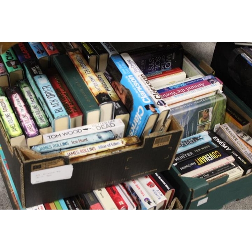 107 - FOUR  TRAYS OF ASSORTED BOOKS TO INCLUDE JAMES ROLLINS, TOP GEAR ETC