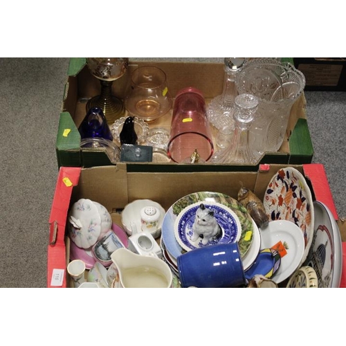 116 - TWO TRAYS OF CERAMICS AND GLASSWARE TO INCLUDE DECANTERS ETC