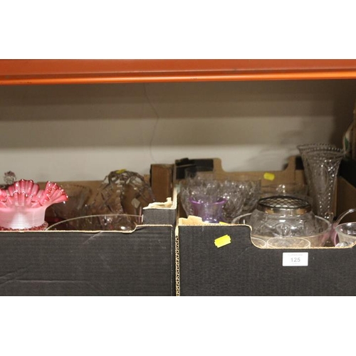 125 - TWO TRAYS OF ASSORTED GLASSWARE TO INCLUDE CRANBERRY EXAMPLES