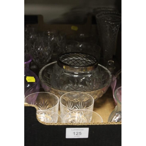 125 - TWO TRAYS OF ASSORTED GLASSWARE TO INCLUDE CRANBERRY EXAMPLES