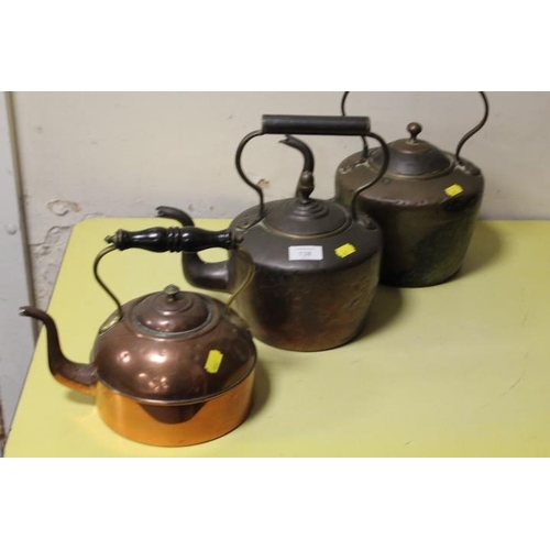 138 - THREE ASSORTED COPPER KETTLES