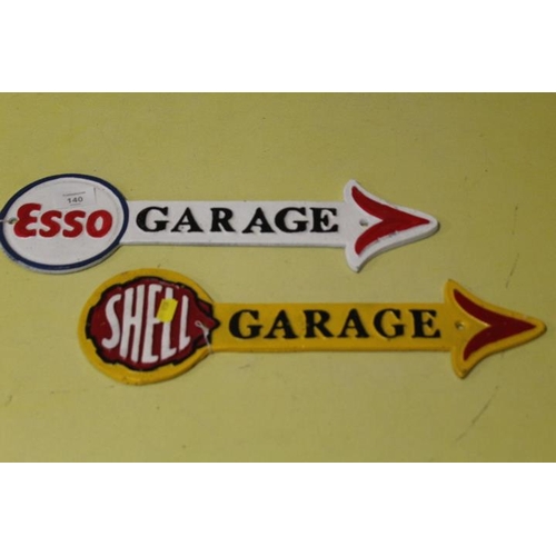 140 - TWO REPRODUCTION CAST METAL GARAGE SIGNS - 1 x SHELL, 1 x ESSO (2)