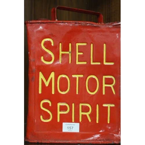 157 - A VINTAGE PAINTED SHELL MOTOR SPIRIT CANISTER COMPLETE WITH ORIGINAL CAP (CAP IN OFFICE)