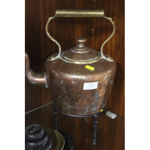 174 - VICTORIAN COPPER KETTLE ON STAND AND KITCHEN SCALES WITH WEIGHTS