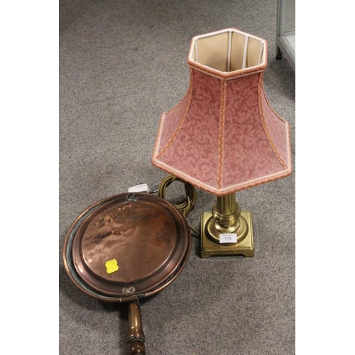 179 - A VINTAGE BRASS COLUMN LAMP TOGETHER WITH A COPPER WARMING PAN