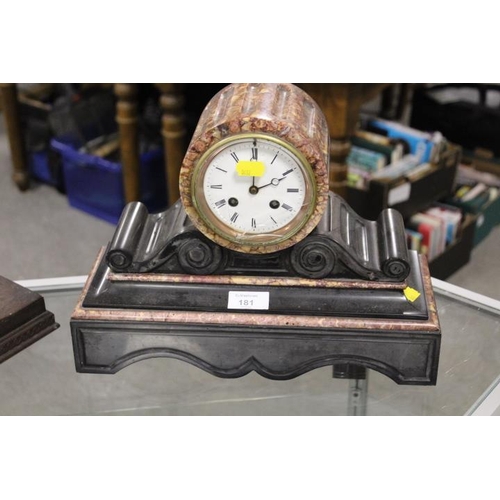 181 - A CIRCULAR TOP SLATE MANTLE CLOCK - GLASS A/F TOGETHER WITH AN OAK CASED MANTLE CLOCK (2)