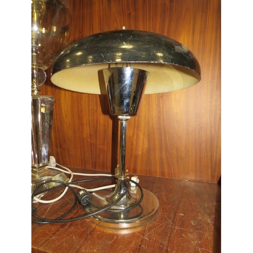 204 - A MID CENTURY RETRO MUSHROOM TOP DESK LAMP, TOGETHER WITH AN ANTIQUE CHERUBIC BRASS CEILING LIGHT FR... 